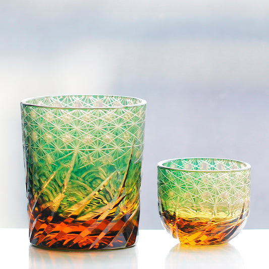 JP-040 Handcrafts Edo Kiriko's Green Whiskey Glass Tumbler 240ml and Sake Glass Cup Shot Glass 60 ml Roaring Waves Design In Gift Box