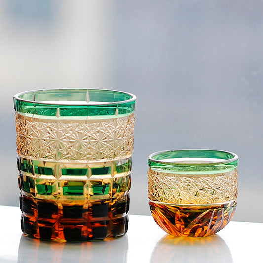 JP-021 Handcrafts Edo Kiriko's Green Whiskey Glass Tumbler 8.5 oz And Japanese Style Sake Glass Cup 2 oz  Engraved Checked Chrysanthemum Pattern
