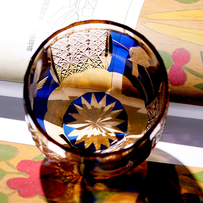 QJ-02 60 ML Blue Premium Peace Dove Shot Glass Green and Amber Colored Cold Sake Glass Cup,Chilled Sake Glass ,Small Drinking Vessel With Hand Cut Kiriko Chrysanthemum Design