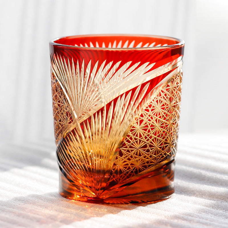 JP-030 250 ml Ruby Red and Amber Tinted Glass Whiskey Cup With Hand Cut Classic Chrysanthemum And Fans 2 different Design