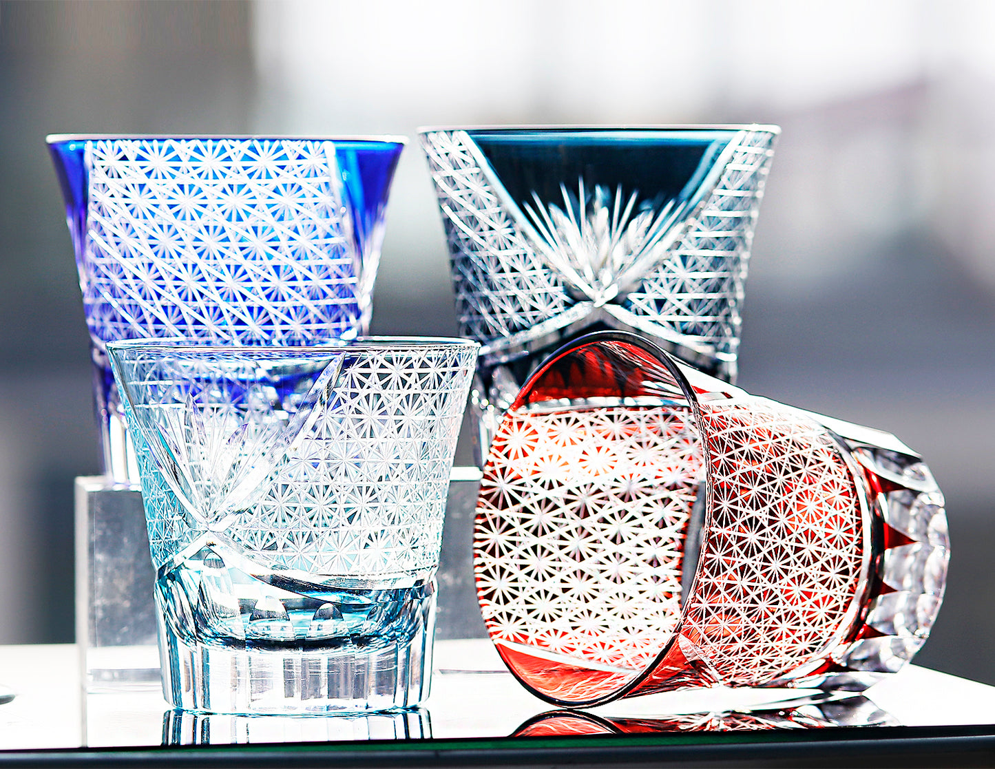 JP-017 220ml  Flared Shaped Hand Cut To Clear Table Tumbler Smokey Blue Color Cased Glass Whiskey Tumblers Blue Edo Kiriko Bamboo leaves Rock glass