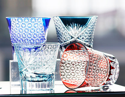 JP-017 220ml  Flared Shaped Hand Cut To Clear Table Tumbler Smokey Blue Color Cased Glass Whiskey Tumblers Blue Edo Kiriko Bamboo leaves Rock glass