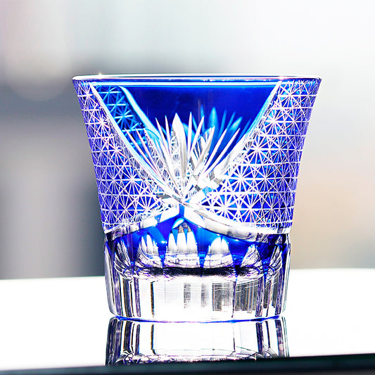 JP-017 220ml  Flared Shaped Hand Cut To Clear Table Tumbler Dark Blue Color Cased Glass Whiskey Tumblers Blue Edo Kiriko Cocktail glass