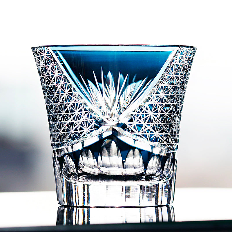 JP-017 220ml  Flared Shaped Hand Cut To Clear Table Tumbler Smokey Blue Color Cased Glass Whiskey Tumblers Blue Edo Kiriko Bamboo leaves Rock glass