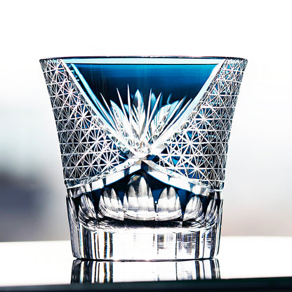 JP-017 220ml  Flared Shaped Hand Cut To Clear Table Tumbler Smokey Blue Color Cased Glass Whiskey Tumblers Blue Edo Kiriko Bamboo leaves Rock glass
