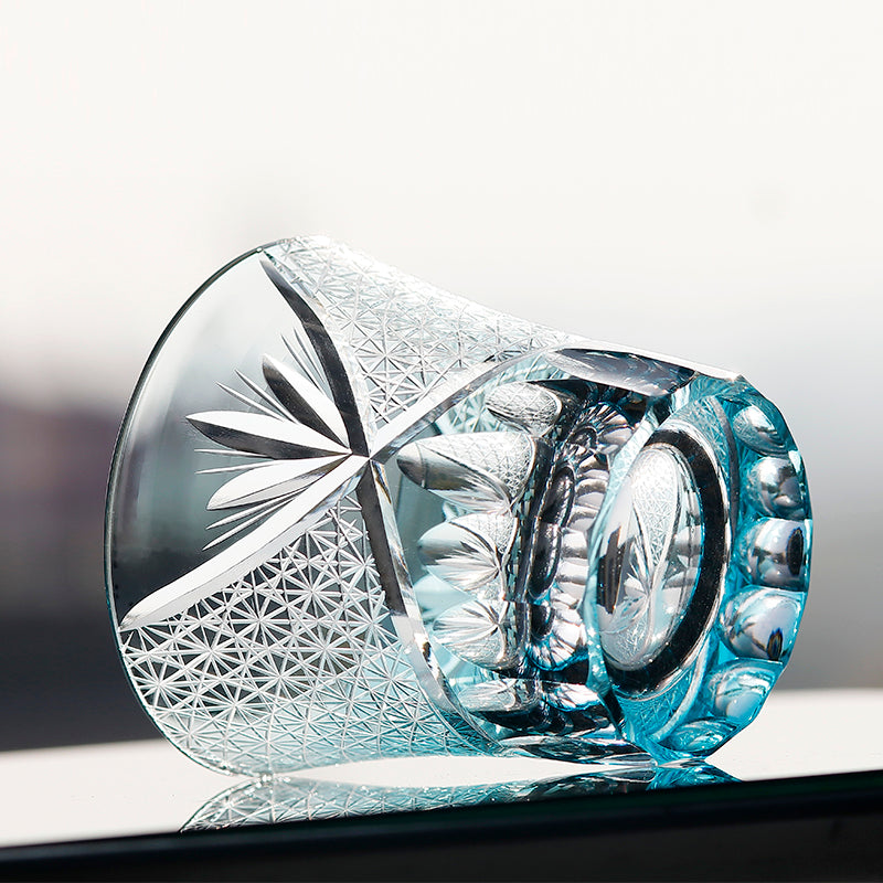 JP-017 220ml Flared Shaped Hand Cut Table Drinking Tumbler Edo Kiriko's Sea Wave Sky Blue Whiskey Tumblers