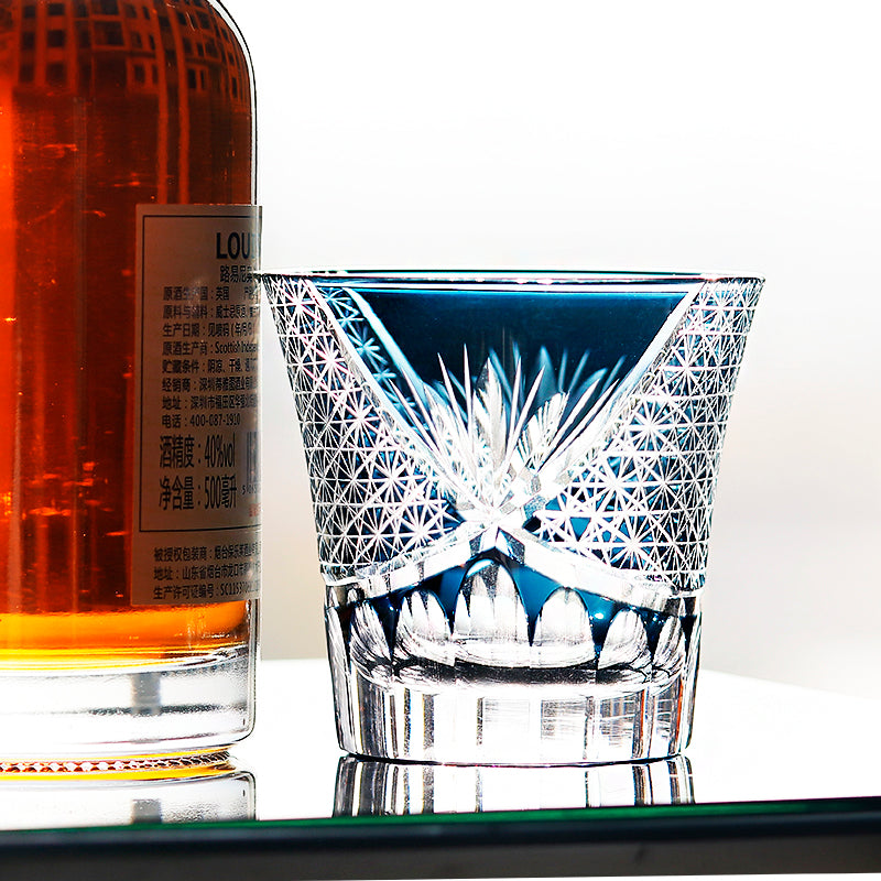 JP-017 220ml  Flared Shaped Hand Cut To Clear Table Tumbler Smokey Blue Color Cased Glass Whiskey Tumblers Blue Edo Kiriko Bamboo leaves Rock glass