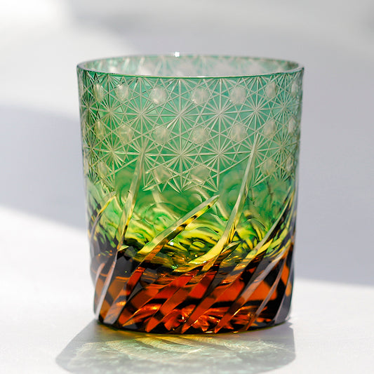 JP-040 240 ml Handcrafts Green and Amber Color Overlaid Glass Whiskey Tumbler Edo Kiriko's Roaring Waves Design In Gift Box