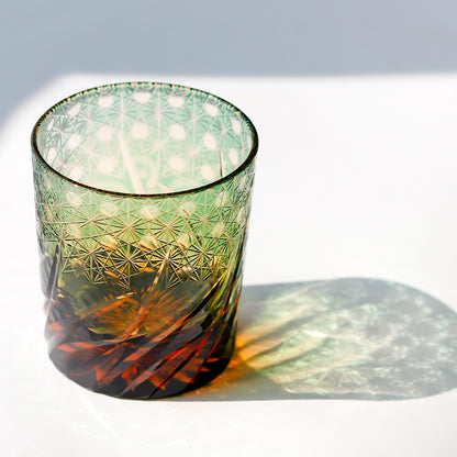 JP-040 240 ml Handcrafts Green and Amber Color Overlaid Glass Whiskey Tumbler Edo Kiriko's Roaring Waves Design In Gift Box