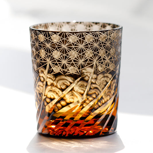 JP-040 240 ml Handcraft Japanese Style Black Amber Overlaid Glass Whiskey Tumbler Edo Kiriko's Roaring Waves Design