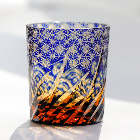 JP-040 8 oz Japanese Style Edo Kiriko Handcrafted Blue Amber Whisky Glass Hand Carved Roaring Waves Design In Gift Box