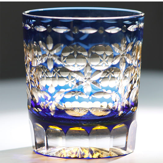 JP-117  240ml Edo Kiriko Kaleidoscope Old Fashioned Glass Tumbler Clear Blue and Amber Cased Crystal Glass Whiskey Tumblers Engraved Balls And Flowers Design