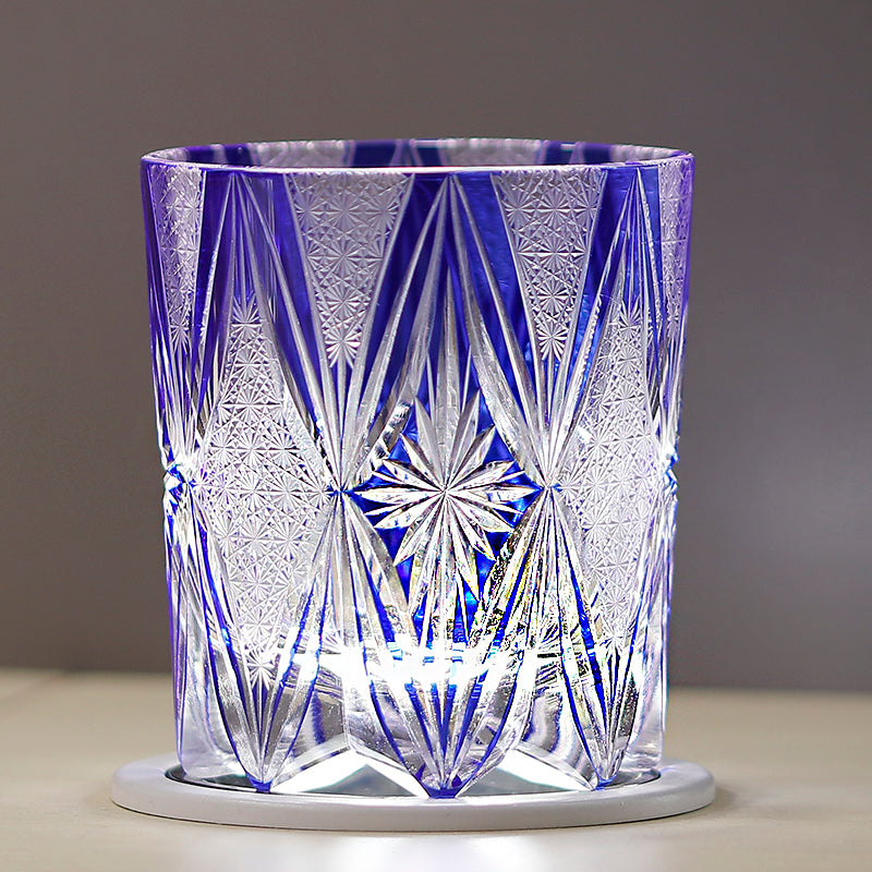 JP-118 240ml Luxury Edo Kiriko Cluster Stars Old Fashioned Glass Tumbler Cocktail Glass Hand Cut To Clear Blue Cased Crystal Glass Whiskey Tumblers Hand Cutting Cluster Stars And Chrysanthemum Mesh