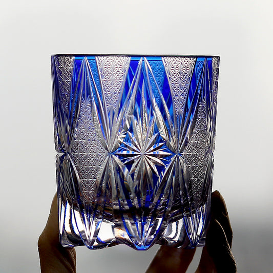 JP-118 240ml Luxury Edo Kiriko Cluster Stars Old Fashioned Glass Tumbler Cocktail Glass Hand Cut To Clear Blue Cased Crystal Glass Whiskey Tumblers Hand Cutting Cluster Stars And Chrysanthemum Mesh