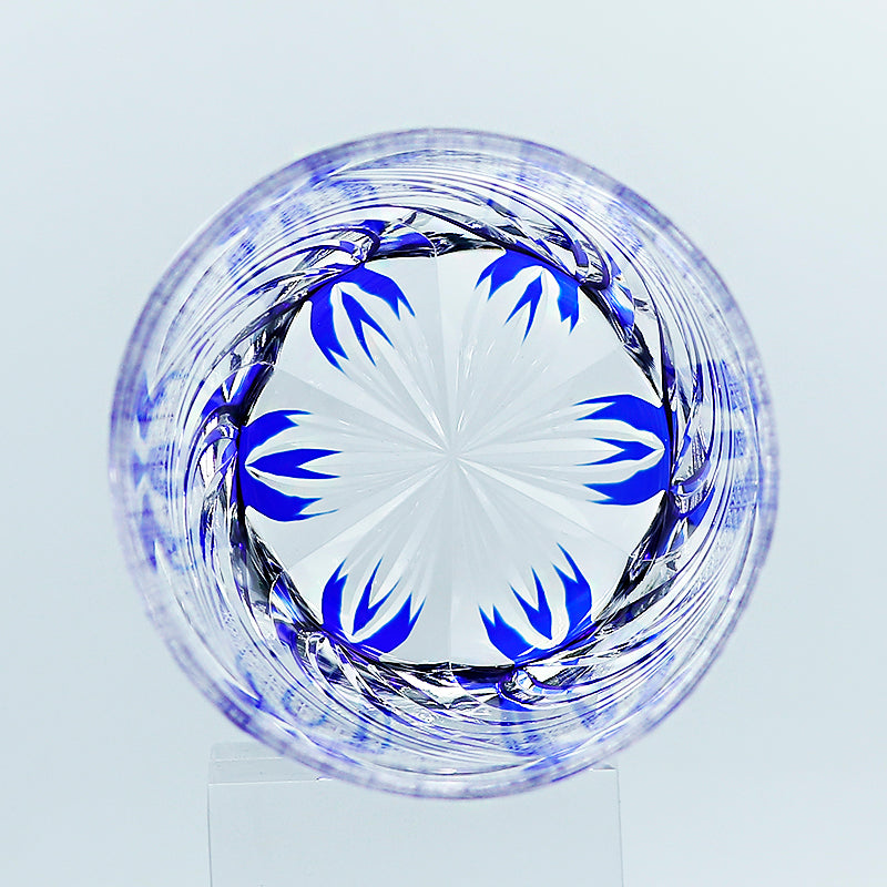 JP-120 240ml Luxury Edo Kiriko Old Fashioned Glass Tumbler Cocktail Glass Hand Cut To Clear Blue Cased Crystal Glass Whiskey Tumblers Hand Carved Water Ripple Design And Chrysanthemum Mesh