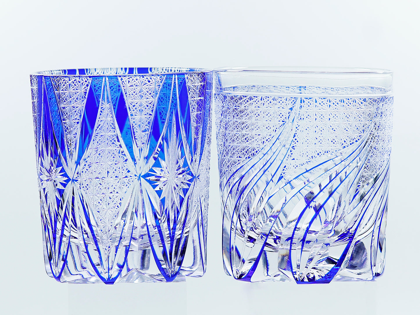 JP-120 240ml Luxury Edo Kiriko Old Fashioned Glass Tumbler Cocktail Glass Hand Cut To Clear Blue Cased Crystal Glass Whiskey Tumblers Hand Carved Water Ripple Design And Chrysanthemum Mesh