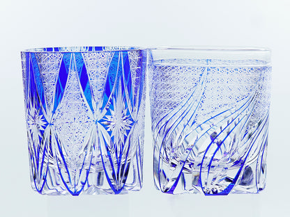 JP-120 240ml Luxury Edo Kiriko Old Fashioned Glass Tumbler Cocktail Glass Hand Cut To Clear Blue Cased Crystal Glass Whiskey Tumblers Hand Carved Water Ripple Design And Chrysanthemum Mesh