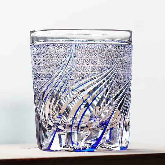 JP-120 240ml Luxury Edo Kiriko Old Fashioned Glass Tumbler Cocktail Glass Hand Cut To Clear Blue Cased Crystal Glass Whiskey Tumblers Hand Carved Water Ripple Design And Chrysanthemum Mesh