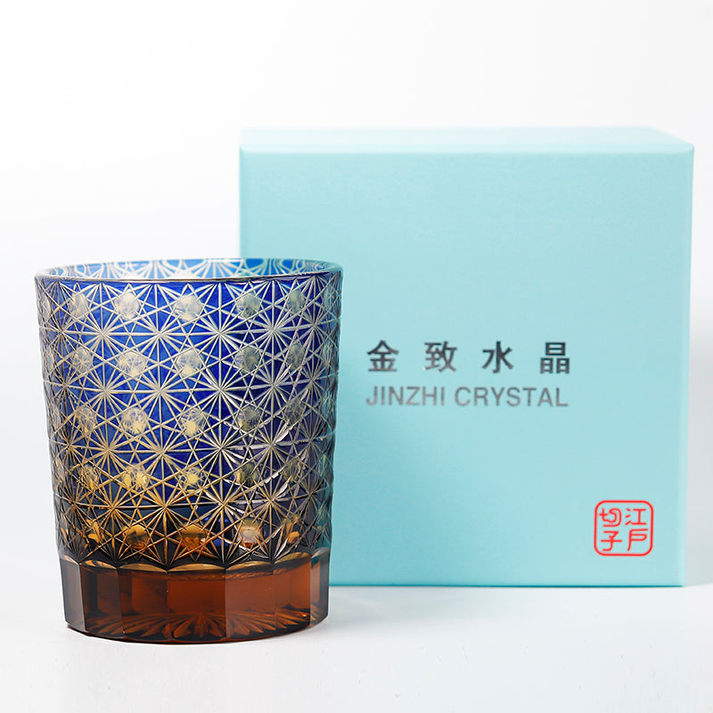 JP-022  240ml Edo Kiriko Old Fashioned Glass Tumbler Blue and amber color cased Glass Whiskey Tumblers with classic Japanesque Hand cut design