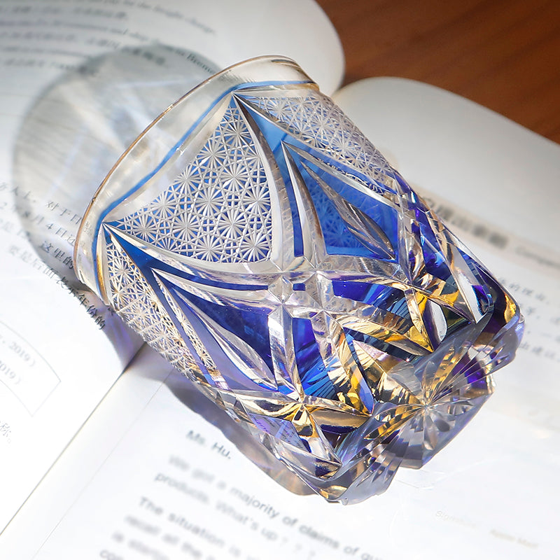 JP-119 240ml Handcrafted Edo Kiriko Whiskey Glasses Blue Clear Amber Hand Cutting Geometric And Chrysanthemum Mesh Patterns In Gift Box