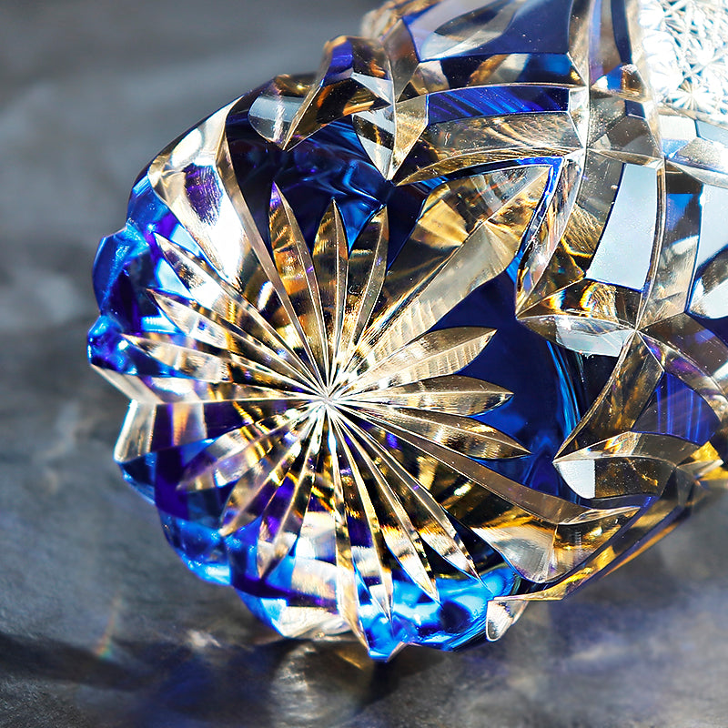 JP-119 240ml Handcrafted Edo Kiriko Whiskey Glasses Blue Clear Amber Hand Cutting Geometric And Chrysanthemum Mesh Patterns In Gift Box