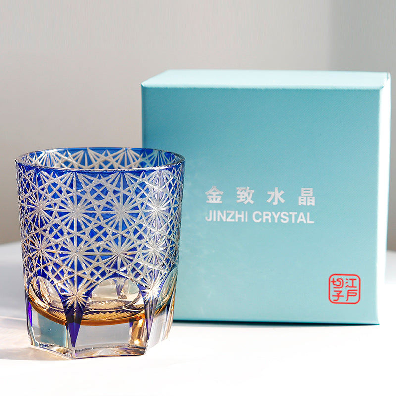 JP-048-2  Handcrafts Japanese Style Whiskey Glasses Blue Amber Clear 3 Layer Color Tinted Glass With Edo Kiriko's Chrysanthemum Design In Gift Box
