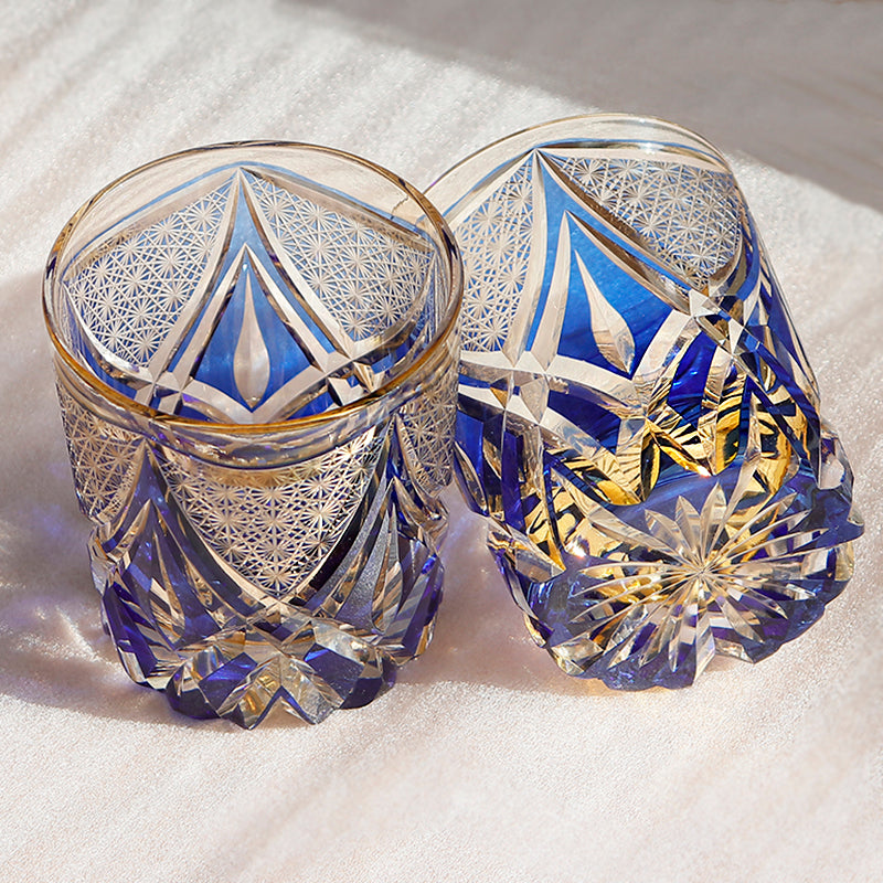 JP-119 240ml Handcrafted Edo Kiriko Whiskey Glasses Blue Clear Amber Hand Cutting Geometric And Chrysanthemum Mesh Patterns In Gift Box