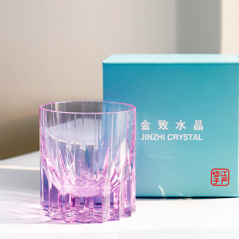 JP-091  200 ml Deep orgue bevel cuts Whiskey Tumbler Heavy and Thick Bottom Rock Glass Tumbler Pink K9 Crystal Glass Tumblers---Hand engraved asterism Patterns