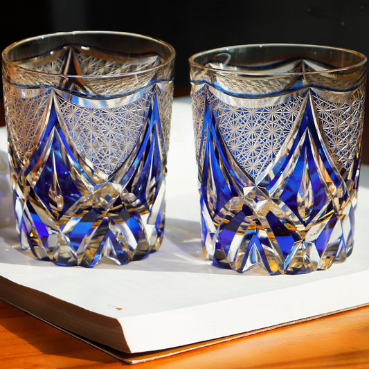 JP-119 240ml Handcrafted Edo Kiriko Whiskey Glasses Blue Clear Amber Hand Cutting Geometric And Chrysanthemum Mesh Patterns In Gift Box