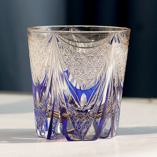 JP-115 32 cl Handcrafts Blue Amber Multilayer Colored Crystal Glass Whisky Tumbler Edo Kiriko's  Hand Cutting Sail And Chrysanthemum Mesh Edo Kiriko Old Fashioned Glass With Gift Box