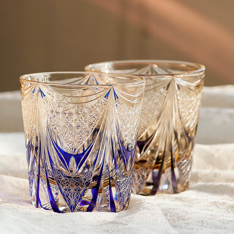 JP-115 32 cl Handcrafts Blue Amber Multilayer Colored Crystal Glass Whisky Tumbler Edo Kiriko's  Hand Cutting Sail And Chrysanthemum Mesh Edo Kiriko Old Fashioned Glass With Gift Box