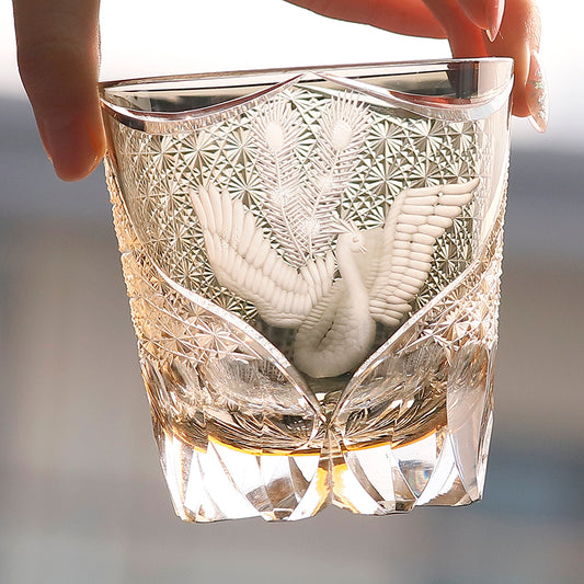 JP-133 32 cl Handmade Phoenix Grey Amber Multilayer Colored Crystal Glass Whisky Tumbler Edo Kiriko's  Hand Cutting PhoenixAnd Chrysanthemum Mesh Edo Kiriko Old Fashioned Glass Tumbler Grey