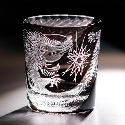 JP-134-1 9 OZ Cylinder Hand Cut and Black Dragon Whiskey Glasses Edo Kiriko Dragon Pattern Wholly Around Cup