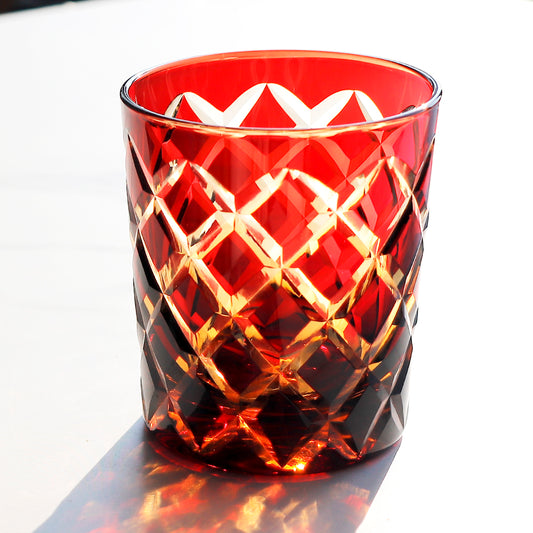 JP-026 25 cl Handmade Ruby Red and Amber Overlaid Glass Whiskey Tumbler With Hand Engraved Diamond Crossing Pattern