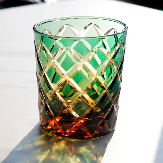 JP-026 25 cl Handmade Green and Amber Overlaid Glass Whiskey Tumbler With Hand Engraved Diamond Crossing Pattern