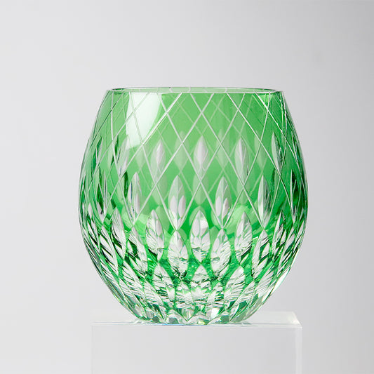 JP-061 330 ml Green Hand Engraved Round Curved Shape Bohemian Crystal Cocktails Tumbler Green Color Cased Crystal Glass Whisky Tumbler cutting Raindrop design
