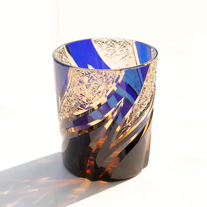 JP-029 25 CL Blue and Amber Tinted Glass Whiskey Tumbler With Classic Hand Cut Burning Flame Pattern