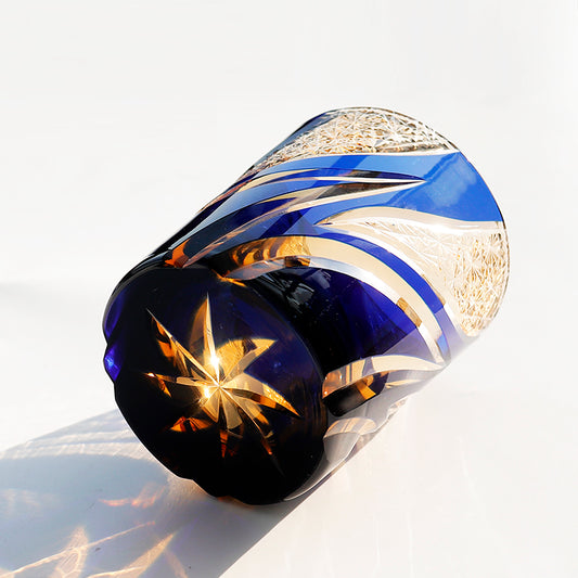 JP-029 25 CL Blue and Amber Tinted Glass Whiskey Tumbler With Classic Hand Cut Burning Flame Pattern