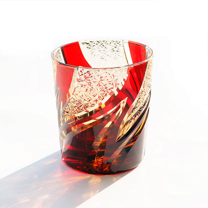 JP-029 25 CL Ruby Red and Amber Tinted Glass Whiskey Tumbler With Classic Hand Cut Burning Flame Pattern