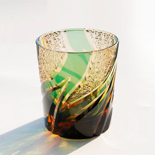 JP-029 25 CL Green and Amber Tinted Glass Whiskey Tumbler With Classic Hand Cut Burning Flame Pattern