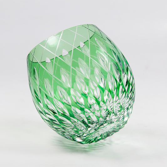 JP-061 330 ml Green Hand Engraved Round Curved Shape Bohemian Crystal Cocktails Tumbler Green Color Cased Crystal Glass Whisky Tumbler cutting Raindrop design