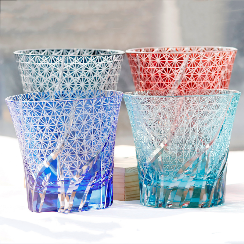 JP-017 220ml Sea Wave Hand Cut To Clear Table Tumbler Flared shaped Sky Blue Color Cased Glass Whiskey Tumblers Sky Blue Edo Kiriko Rock glass