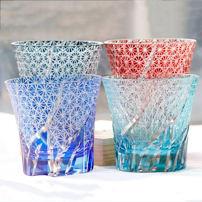 JP-017 220ml Sea Wave Hand Cut To Clear Table Tumbler Flared shaped Sky Blue Color Cased Glass Whiskey Tumblers Sky Blue Edo Kiriko Rock glass