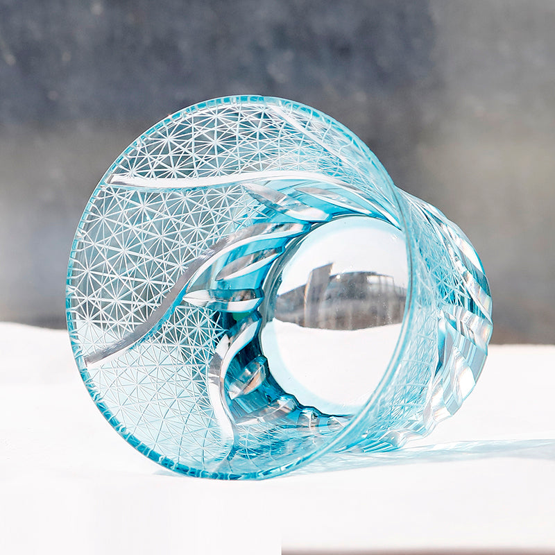 JP-017 220ml Sea Wave Hand Cut To Clear Table Tumbler Flared shaped Sky Blue Color Cased Glass Whiskey Tumblers Sky Blue Edo Kiriko Rock glass