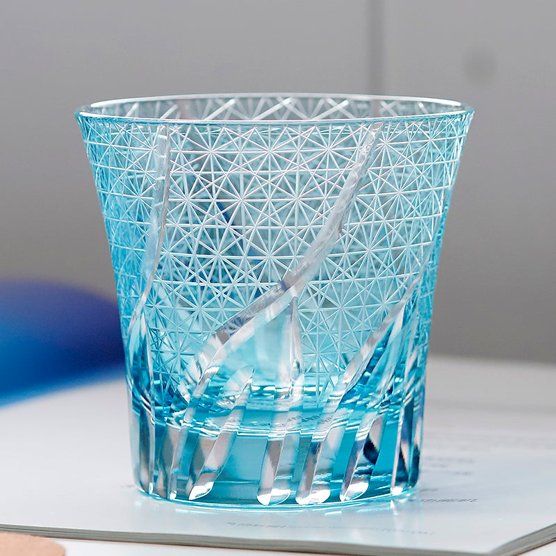 JP-017 220ml Sea Wave Hand Cut To Clear Table Tumbler Flared shaped Sky Blue Color Cased Glass Whiskey Tumblers Sky Blue Edo Kiriko Rock glass