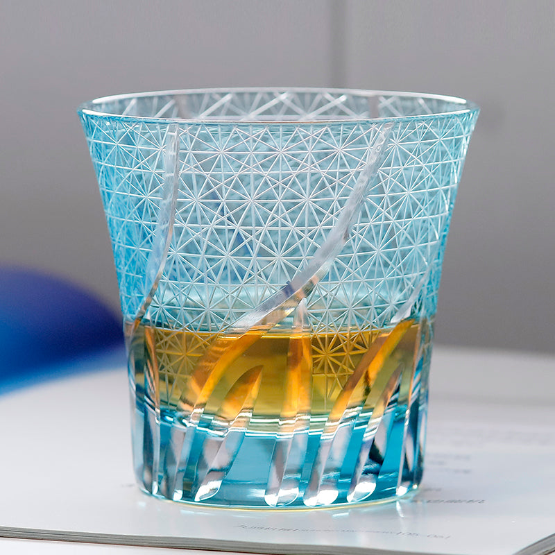 JP-017 220ml Sea Wave Hand Cut To Clear Table Tumbler Flared shaped Sky Blue Color Cased Glass Whiskey Tumblers Sky Blue Edo Kiriko Rock glass