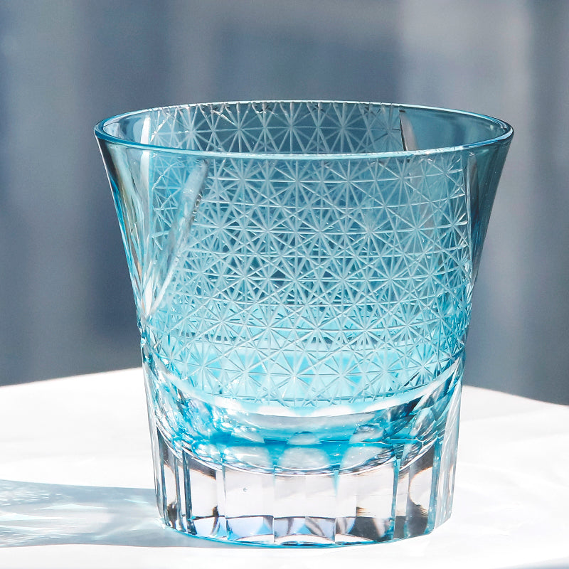 JP-017 220ml Flared Shaped Hand Cut Table Drinking Tumbler Edo Kiriko's Sea Wave Sky Blue Whiskey Tumblers