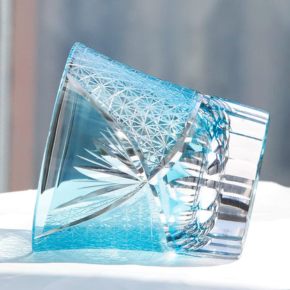 JP-017 220ml Flared Shaped Hand Cut Table Drinking Tumbler Edo Kiriko's Sea Wave Sky Blue Whiskey Tumblers