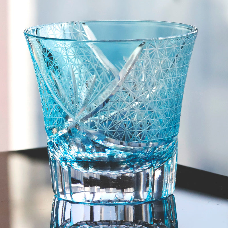 JP-017 220ml Flared Shaped Hand Cut Table Drinking Tumbler Edo Kiriko's Sea Wave Sky Blue Whiskey Tumblers