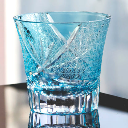 JP-017 220ml Flared Shaped Hand Cut Table Drinking Tumbler Edo Kiriko's Sea Wave Sky Blue Whiskey Tumblers